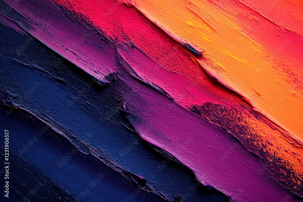 Poster vibrant layers of paint blend together creating a striking abstract artwork in bold hues of orange, 