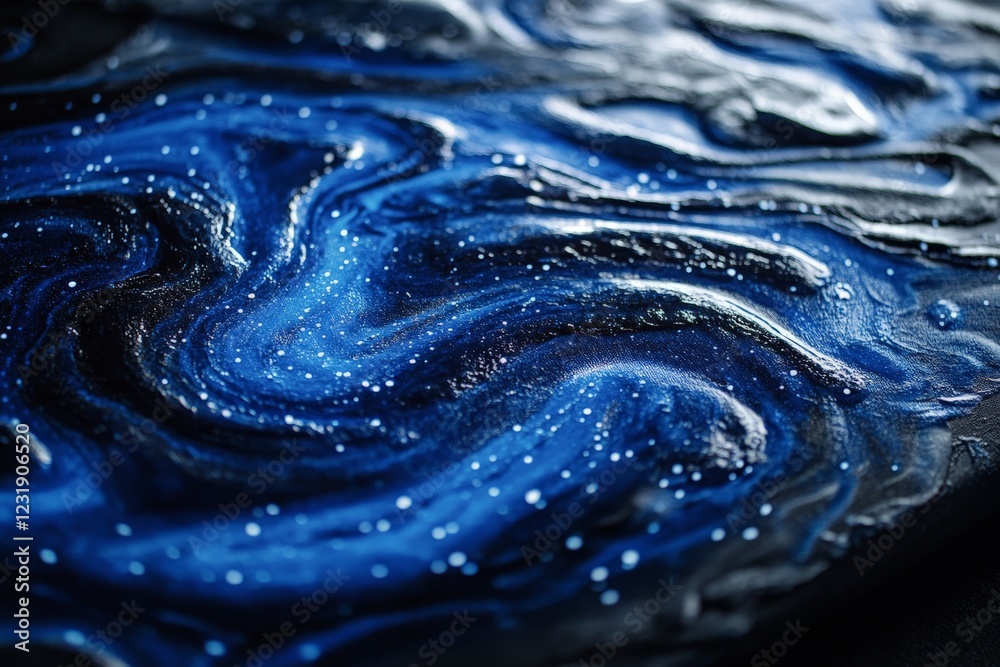 Poster swirling blue and black cosmic pattern with sparkles resembling a galaxy in abstract artwork