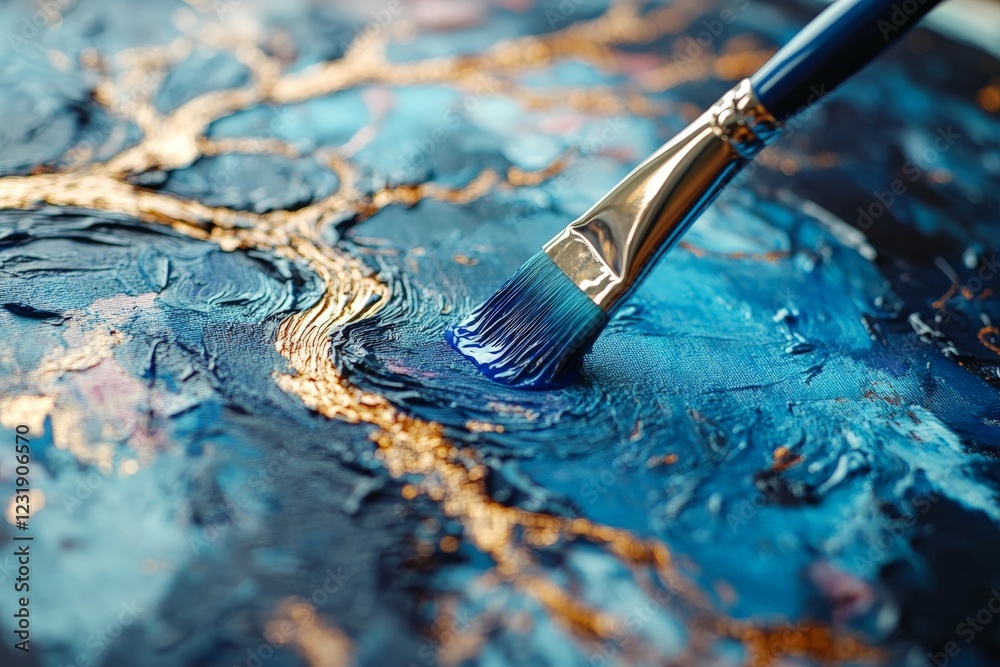 Poster abstract blue painting with gold accents being created using a brush in a colorful artistic workspac