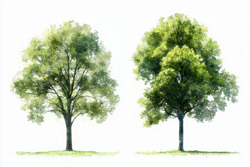 Obraz premium Two lush green deciduous trees, watercolor style, isolated on white.