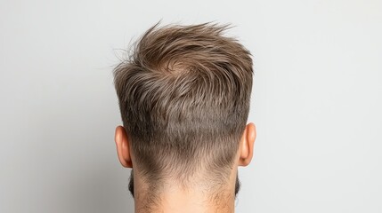 Obraz premium Rear view of a man's haircut showcasing a modern style with light brown hair, isolated on a grey background.