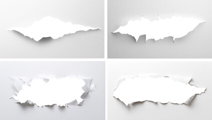 The image shows four different irregular holes torn in white paper against a white background.
