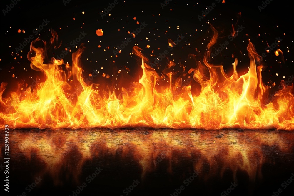 Poster dancing flames illuminate dark surroundings with vibrant orange and yellow hues in mesmerizing patte