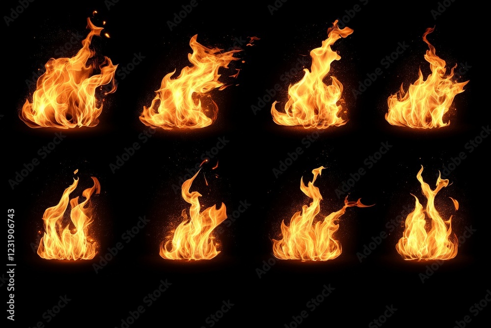 Poster collection of vibrant flames against a dark background showcasing various shapes and movement dynami