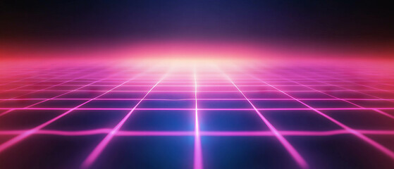 Neon isometric grid texture with bright glow and geometric design on black background