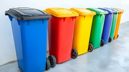 Colorful recycling bins outdoors near wall