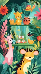 Fototapeta premium Jungle Animals Enjoying Afternoon Tea Party