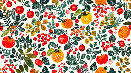 Autumn berries and leaves pattern, textile design