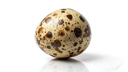 A single boiled quail egg, perfectly styled against a white backdrop; a high-resolution culinary image.
