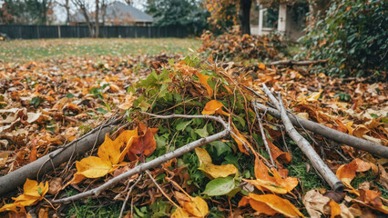 Pile of sticks and leaves on the ground in a backyard
