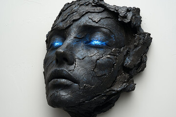 Dark, textured face sculpture with glowing blue eyes.