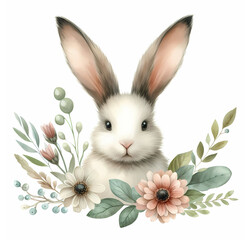 Celebrate Easter with a charming rabbit surrounded by colorful flowers and greenery