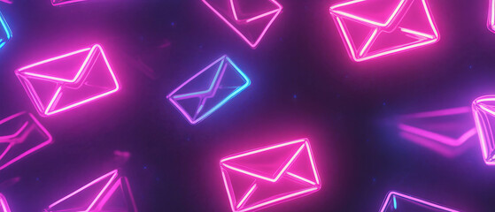 Vibrant neon text outlines with glowing envelopes on a dark background