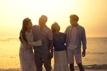 happy family beach vacations. Children elderly retirement grandparent.