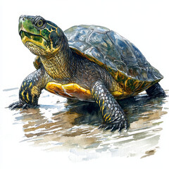Fototapeta premium Watercolor painting of a turtle on mud, viewed from the side.