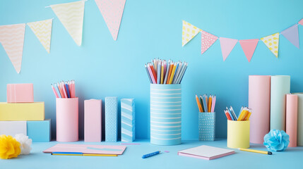 Pastel blue studio background with cylinder product podium, wave shapes on wall, hanging party flags, stack of books and pens, notebook paper sheets and note stickers for Back to School promotion.