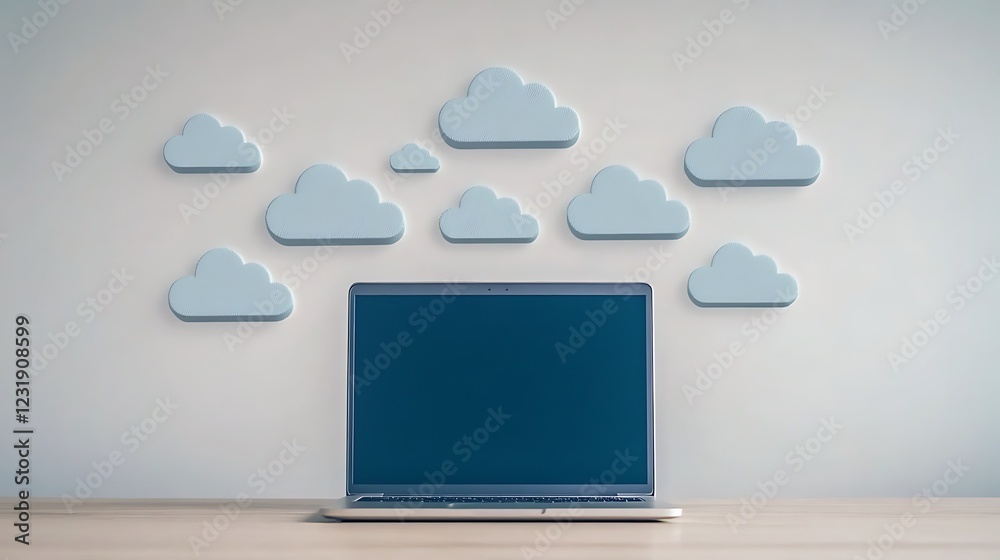 Poster laptop and cloud icons representing cloud computing and data storage