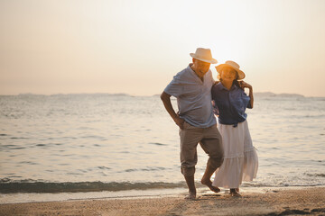 Senior relaxing beach vacations. Elderly plan insurance retirement.