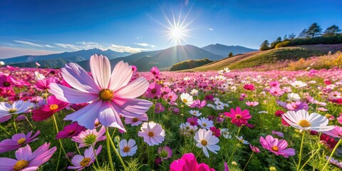 Fototapeta premium Autumn's vibrant cosmos fields: stunning landscape photography beckons travelers to breathtaking vistas.