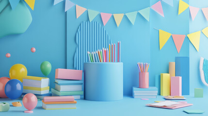 Fototapeta premium Pastel blue studio background with cylinder product podium, wave shapes on wall, hanging party flags, stack of books and pens, notebook paper sheets and note stickers for Back to School promotion.