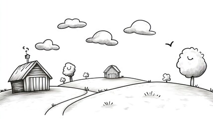 A simple hand-drawn sketch of a countryside scene with two small houses on rolling hills, trees, and a bird in the sky.