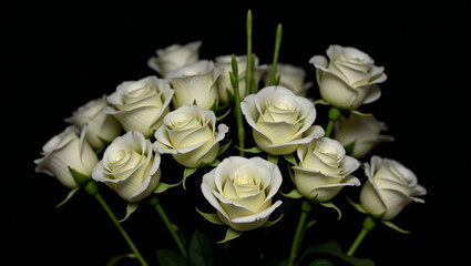A lavish bouquet of dewy white roses amid lush greenery, set against a dramatic black background for a timeless, sophisticated allure.