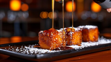 Fototapeta premium Leche Frita: Squares of fried custard coated in sugar and cinnamon, arranged on a plate with a drizzle of honey and a dusting of powdered sugar.