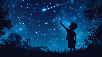 流れ星を指さす少年のシルエットと願いの瞬間
