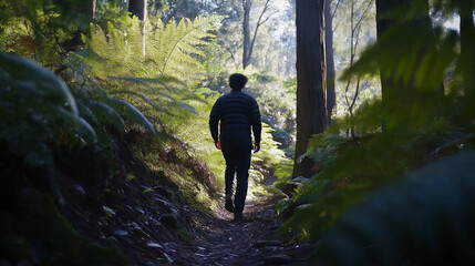 Fototapeta premium Person Walking Peacefully on Forest Trail