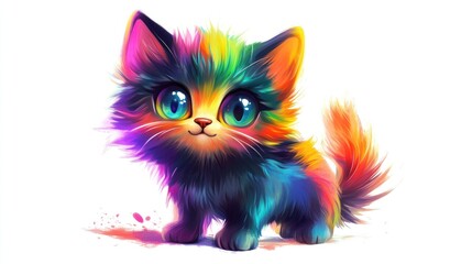 Rainbow kitten, playful pose, white background, digital art, children's book