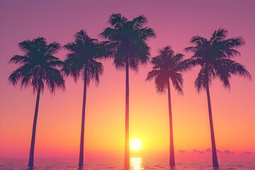 Obraz premium Tropical sunset, palm trees, ocean. Vacation postcard