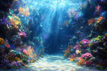 Naklejka premium Vibrant coral reef scene, sunlit ocean floor, diverse marine life.