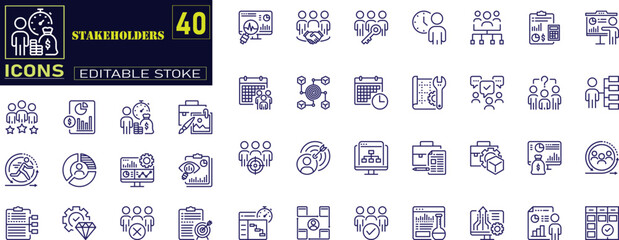 Editable Stroke Icon Set for Stakeholders. This collection features icons representing various stakeholders such as businesses, teamwork, trade unions, suppliers, managers, leaders, government .