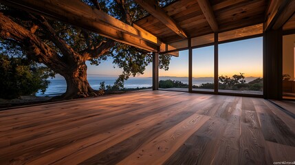 Sunset view from a modern wooden house with ocean and tree