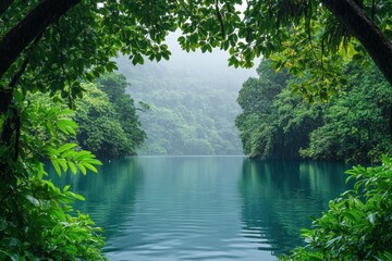 A serene view of a calm lake surrounded by lush greenery and misty mountains, perfect for nature lovers and tranquility seekers.