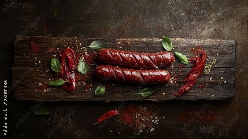Poster an artistic composition of raw sausages neatly arranged on a rustic wooden surface, with seasonings 