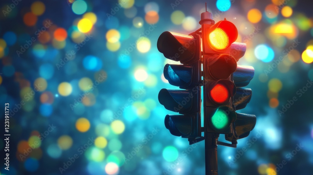 Poster an artistic view of a traffic light with bokeh effects created by streetlights and car headlights, p