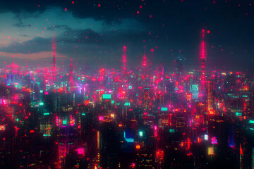 Fototapeta premium Neon cityscape at dusk, futuristic data rain