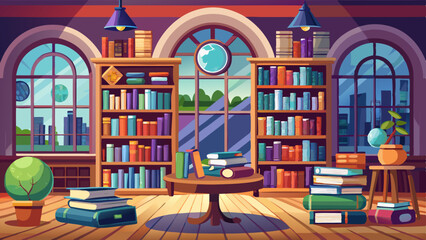 Colorful cartoon illustration of a cozy library with tall bookshelves, stacked books, large windows, and natural light, creating a warm and inviting atmosphere