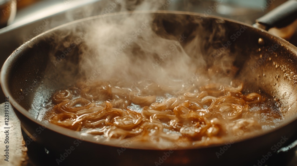 Poster An inviting image of shallots caramelizing in a pan, with golden brown colors and a hint of steam rising, creating a mouthwatering cooking atmosphere