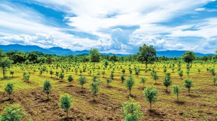 Obraz premium An expansive view of a reforestation project with countless young trees planted across a rolling landscape, under a vibrant blue sky with clouds