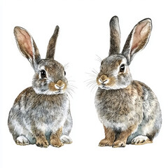 Obraz premium Two adorable grey rabbits, sitting side-by-side.