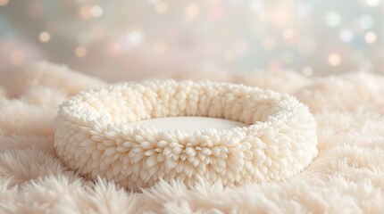 Soft, plush, circular pet bed in a creamy white tone. The cozy texture suggests comfort and warmth, ideal for a small dog or cat.  Simple, inviting design for pet accessories or home decor.


