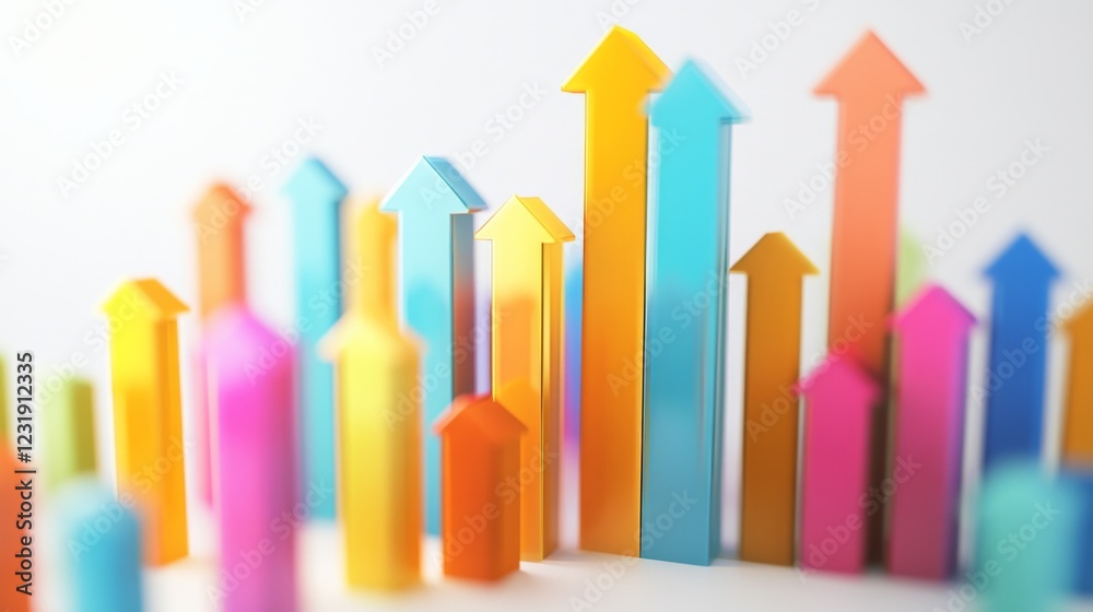 Poster a d-rendered bar graph representing financial growth, with vibrant colors and arrows pointing upward