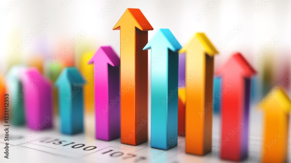 Poster a d-rendered bar graph representing financial growth, with vibrant colors and arrows pointing upward