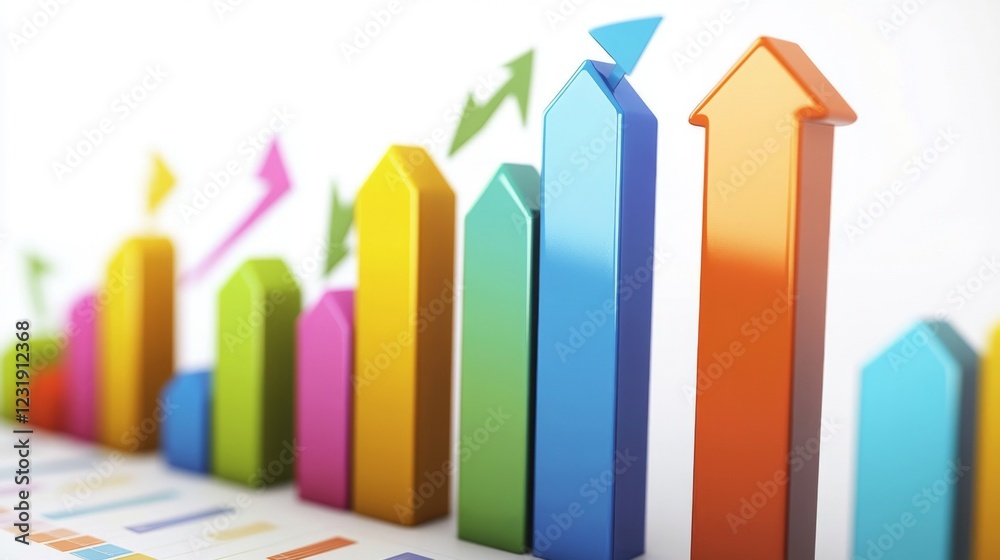 Poster a d-rendered bar graph representing financial growth, with vibrant colors and arrows pointing upward