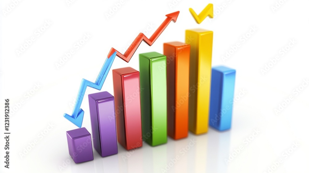 Aufkleber a d-rendered bar graph representing financial growth, with vibrant colors and arrows pointing upward