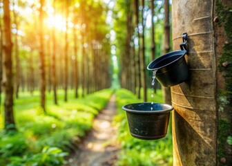 Fototapeta premium Close-up of black cup collecting liquid latex, a sustainable farming practice in a rubber tree plantation.