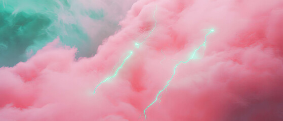 Fototapeta premium Vibrant pink smoke and green lightning contrast against a dark background in a whimsical atmosphere