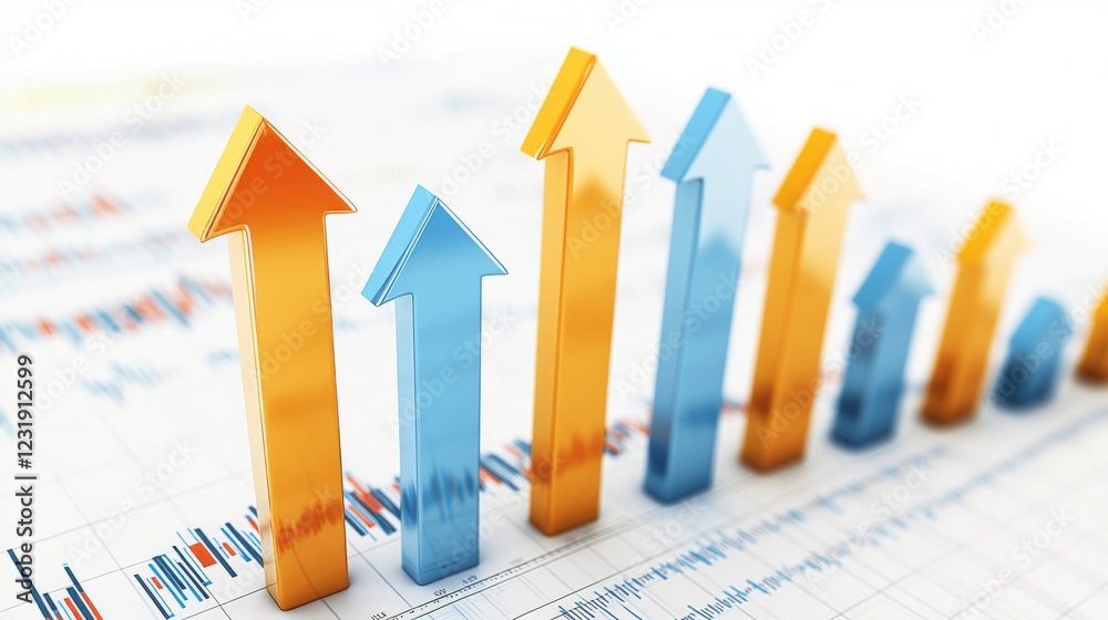 Poster a d-rendered stock market chart with arrows pointing upward and downward, symbolizing the highs and 